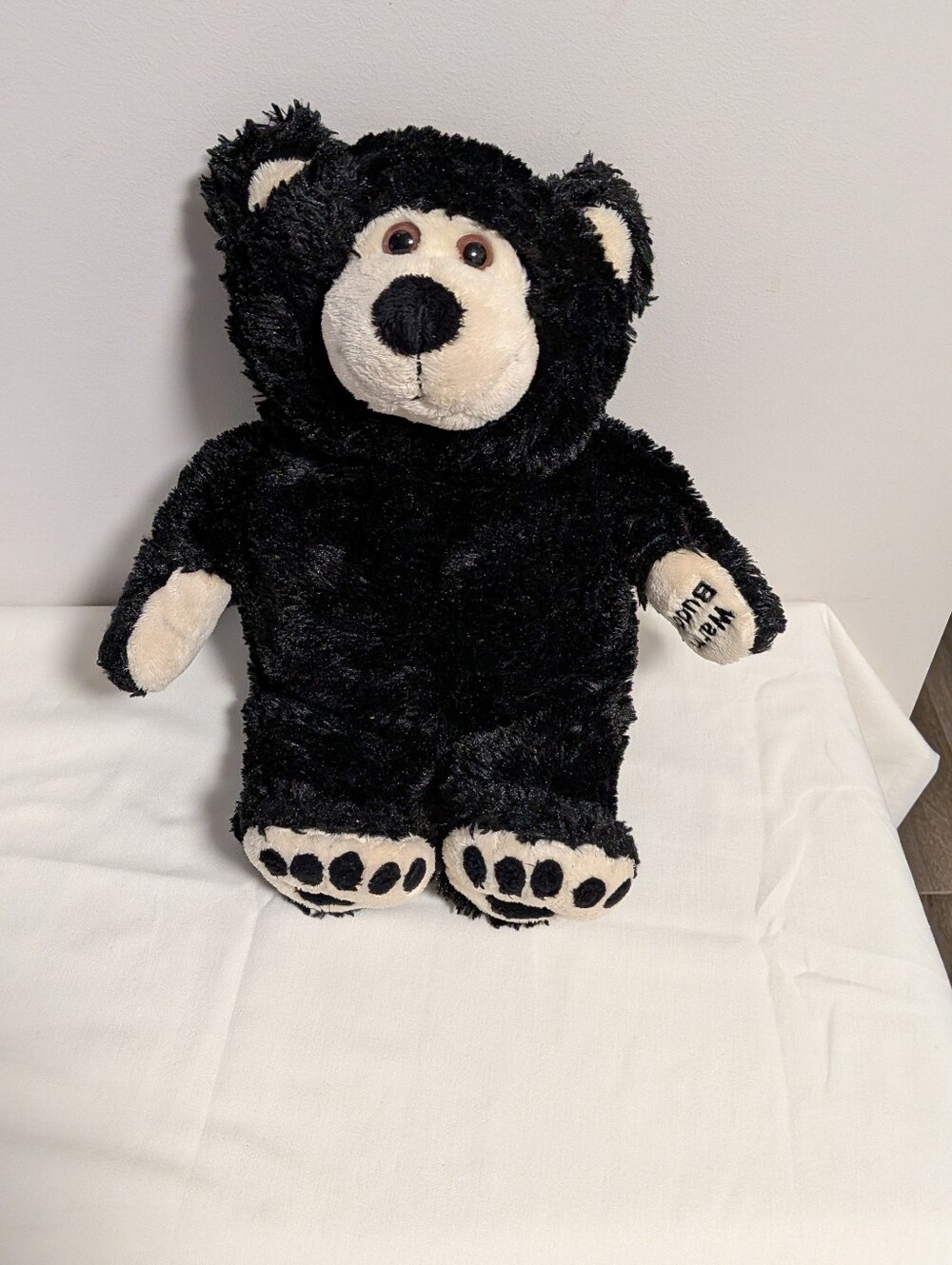 Warm Buddy. Black and Cream Plush Bear Stuffed Animal. Microwave Heating Toy.